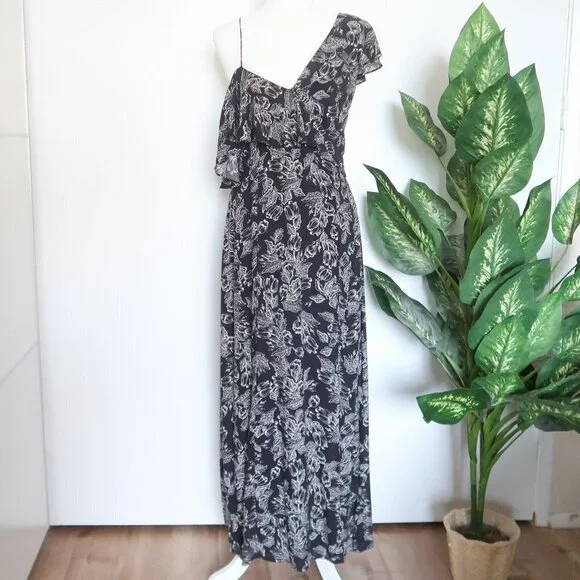 Amuse Society Black & White Floral Asymmetric Cold Shoulder Maxi Dress Large L - Picture 7 of 14